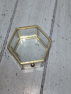 Vintage Glass Brass Hexagon Jewlery Box Ring Holder Trinket Box Regency French
